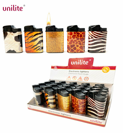 Unilite click lighters - refillable - 20 pieces in a display - Animal Skin print