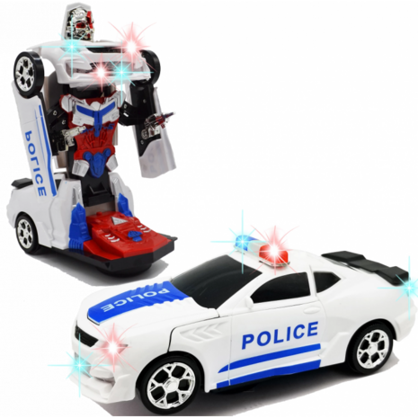 Roboter-Polizeiauto 2-in-1-Roboter und automatischer Autotransformator f&uuml;r die Polizei &ndash; LED-Licht und Fl&uuml;ssigkeit 22 cm