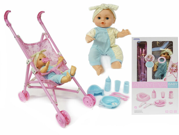 Baby doll Eva with carriage and accessories - makes noise - interactive toy doll