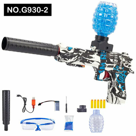 Gel Blaster -complete set incl. gel balls M1911 Blue Graffiti -&nbsp;+&nbsp;- rechargeable - 39CM
