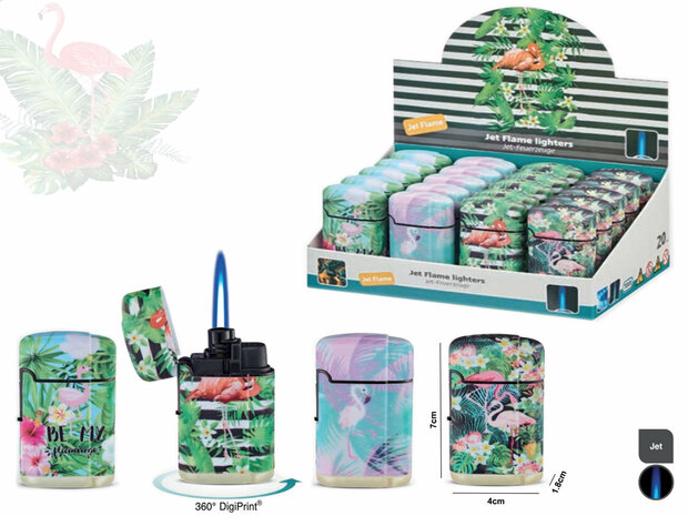 Jet Flame turbo aanstekers  - wind aansteker - 20 stuks in display - 360&deg; Flamingo print branders - soft touch