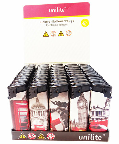 Briquets clic (50 pi&egrave;ces en plateau) rechargeables - Briquet Unilite avec imprim&eacute; b&acirc;timents de Londres