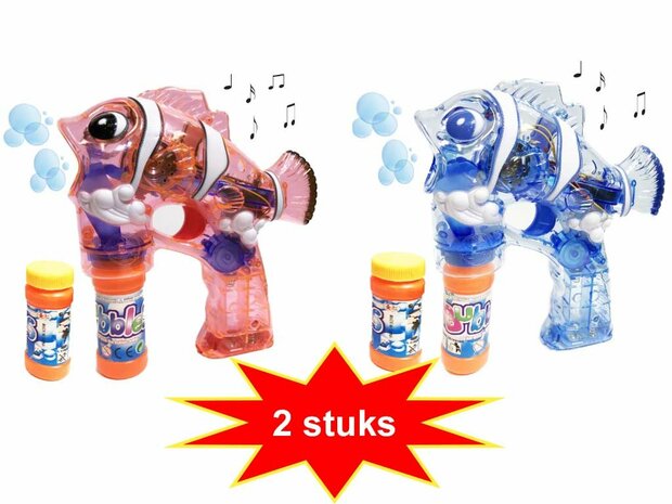 This bubble blowing gun combination set consists of 2 bubble blowing guns including 4 bottles of soap.