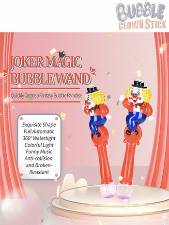 Bubble stick - clown design - shoots bubbles - cheerful music and LED light - Bubble Clown Stick 32CM