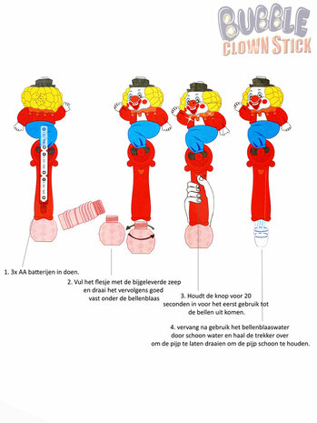 Bubble stick - clown design - shoots bubbles - cheerful music and LED light - Bubble Clown Stick 32CM