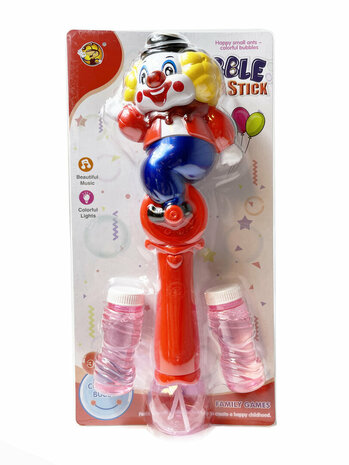 Seifenblasenstab &ndash; Clown-Design &ndash; schie&szlig;t Blasen &ndash; fr&ouml;hliche Musik und LED-Licht &ndash; Seifenblasen-Clownstab 32 cm