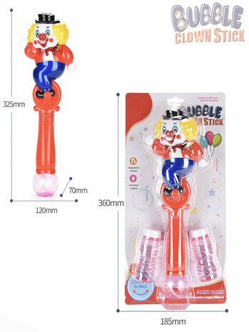 B&acirc;ton &agrave; bulles - design clown - tire des bulles - musique joyeuse et lumi&egrave;re LED - Bubble Clown Stick 32CM