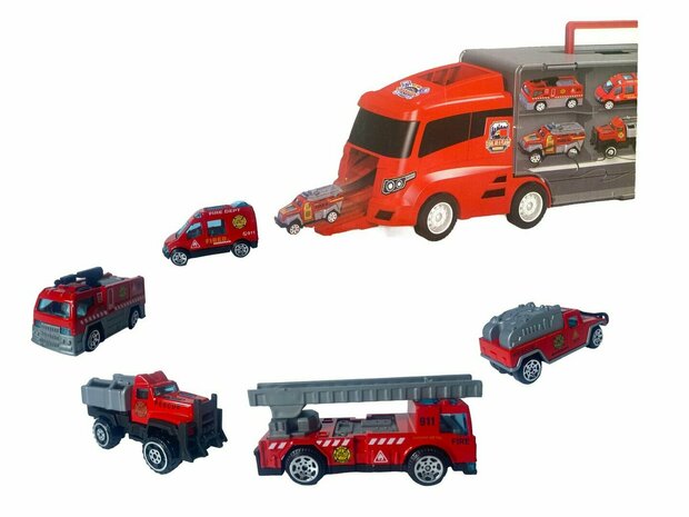 Brandweer vrachtwagen set - transporter - 6-delig set - truck koffer - 36.4 cm