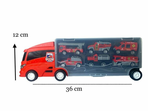 Brandweer vrachtwagen set - transporter - 6-delig set - truck koffer - 36.4 cm