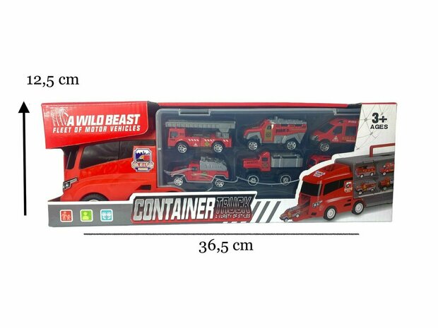 Brandweer vrachtwagen set - transporter - 6-delig set - truck koffer - 36.4 cm