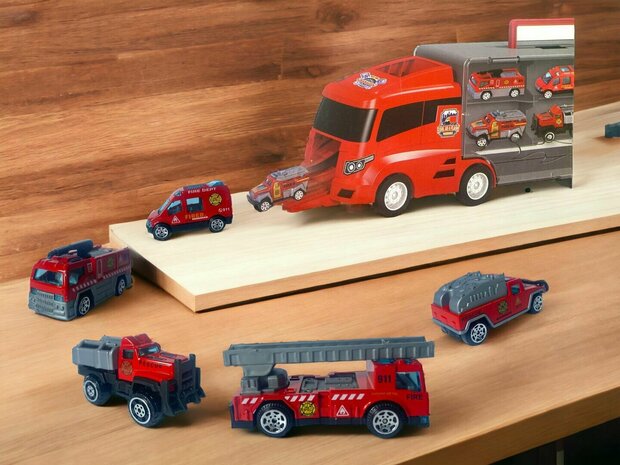 Brandweer vrachtwagen set - transporter - 6-delig set - truck koffer - 36.4 cm