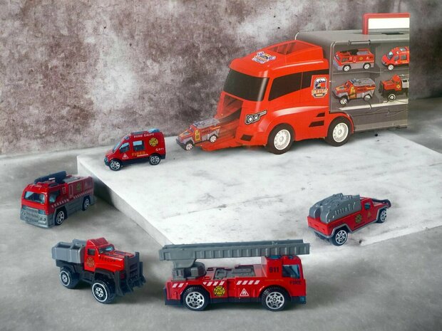 Brandweer vrachtwagen set - transporter - 6-delig set - truck koffer - 36.4 cm