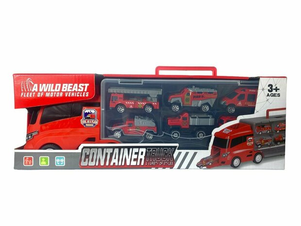 Brandweer vrachtwagen set - transporter - 6-delig set - truck koffer - 36.4 cm