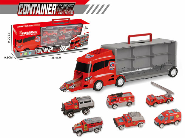 Brandweer vrachtwagen set - transporter - 6-delig set - truck koffer - 36.4 cm