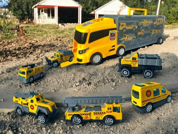 Truck transporter set - work vehicles - 6-piece set - truck case - 36.4 cm