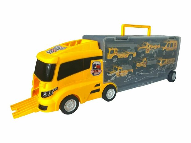 Truck transporter set - work vehicles - 6-piece set - truck case - 36.4 cm