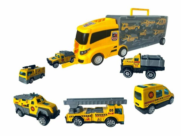 Set de transport de camion - v&eacute;hicules de travail - set de 6 pi&egrave;ces - valise de camion - 36,4 cm