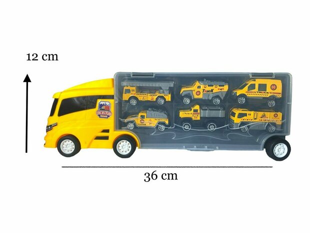 Truck transporter set - work vehicles - 6-piece set - truck case - 36.4 cm