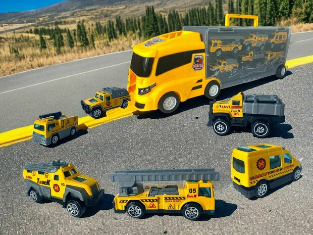 Vrachtwagen transporter set - werkvoertuigen - 6-delig set - truck koffer - 36.4 cm