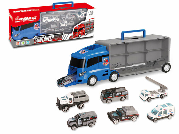 Politie vrachtwagen set - transporter - 6-delig set - truck koffer - 36.4 cm