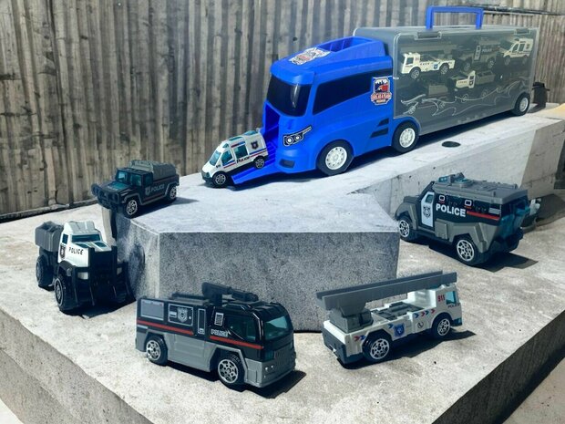 Police truck set - transporter - 6-piece set - truck case - 36.4 cm