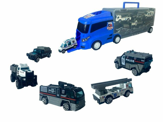 Politie vrachtwagen set - transporter - 6-delig set - truck koffer - 36.4 cm