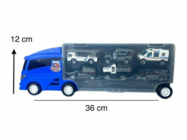 Politie vrachtwagen set - transporter - 6-delig set - truck koffer - 36.4 cm