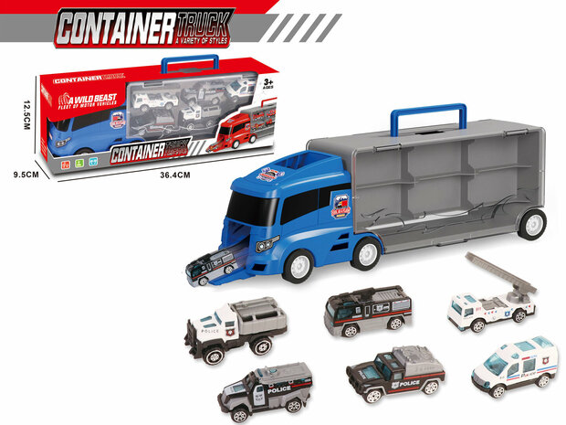 Politie vrachtwagen set - transporter - 6-delig set - truck koffer - 36.4 cm