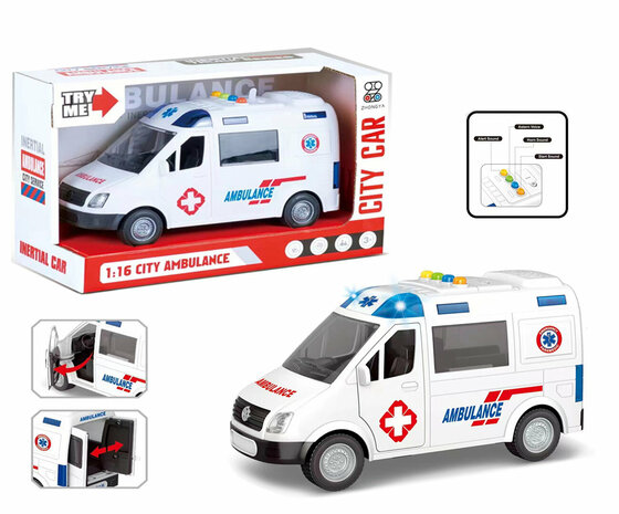 AMBULANCE SPEELGOED - FRICTIEMOTOR - 22.5CM - MET GELUID SIRENE EN LICHTJES