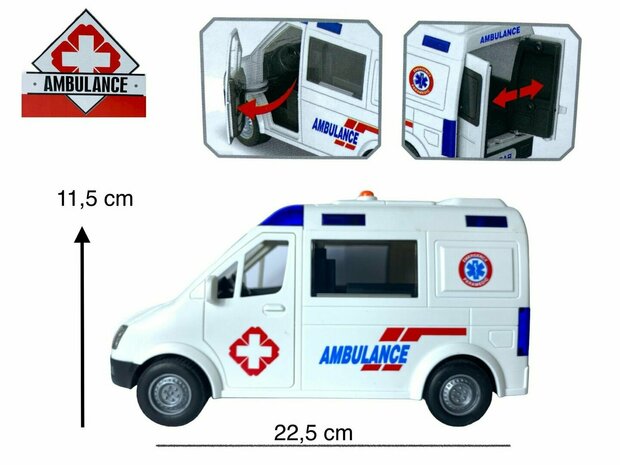 JOUET D&#039;AMBULANCE - MOTEUR &Agrave; FRICTION - 22,5CM - AVEC SIR&Egrave;NE SONORE ET LUMI&Egrave;RES