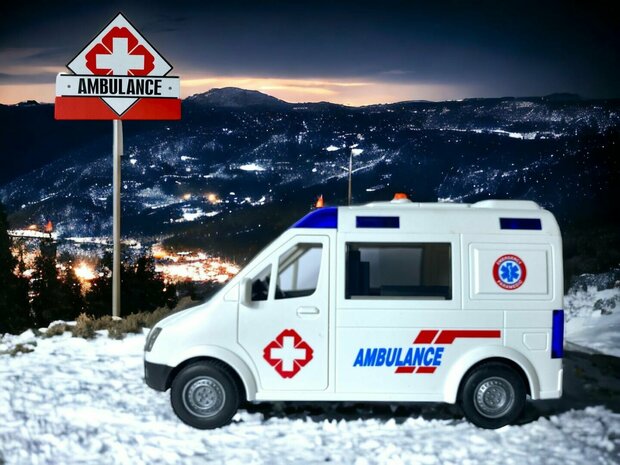 JOUET D&#039;AMBULANCE - MOTEUR &Agrave; FRICTION - 22,5CM - AVEC SIR&Egrave;NE SONORE ET LUMI&Egrave;RES