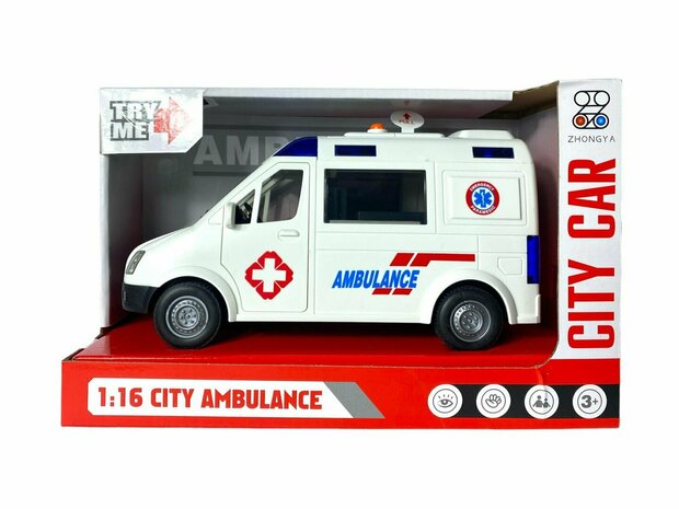 AMBULANCE SPEELGOED - FRICTIEMOTOR - 22.5CM - MET GELUID SIRENE EN LICHTJES