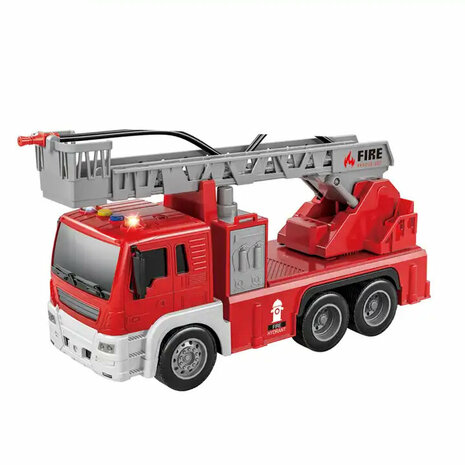 Brandweerwagen - met sproei slang en ladderwagen - Frictie -  geluid en lichtjes - 25 cm