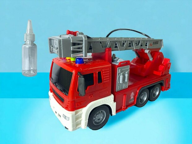 Camion de pompier - avec tuyau d&#039;arrosage et camion &eacute;chelle - Friction - son et lumi&egrave;res - 25 cm