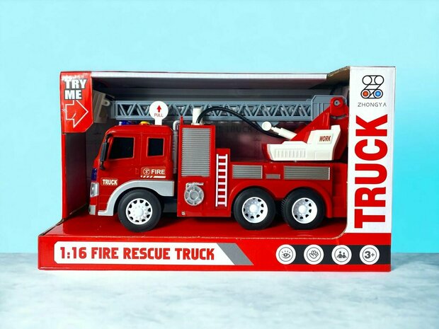 Fire truck - Friction motor - spray hose and ladder truck - with sound and lights - 27.5 cm