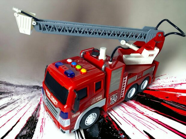 Brandweerwagen - Frictiemotor - sproeislang en ladderwagen - met geluid en lichtjes - 27.5 cm