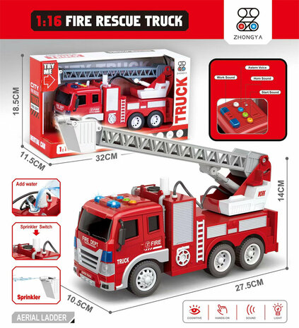 Fire truck - Friction motor - spray hose and ladder truck - with sound and lights - 27.5 cm