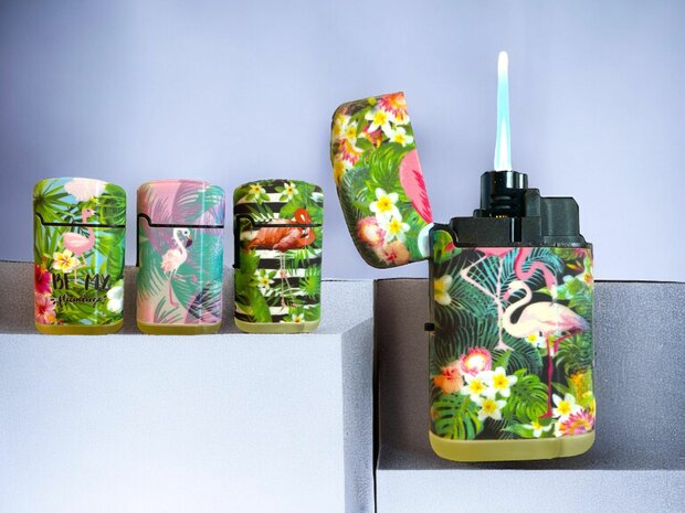 Jet Flame turbo aanstekers  - wind aansteker - 20 stuks in display - 360&deg; Flamingo print branders - soft touch