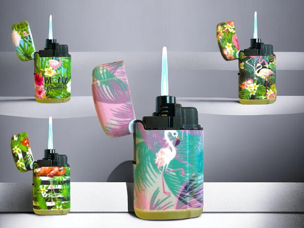 Jet Flame turbo aanstekers  - wind aansteker - 20 stuks in display - 360&deg; Flamingo print branders - soft touch