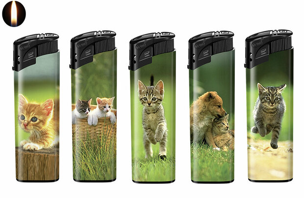 Aanstekers -  50 stuks in tray - kattenprint - navulbaar en klik - Tom lighter