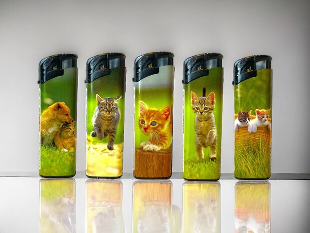 Lighters - 50 pieces in tray - cat print - refillable and click - Tom lighter