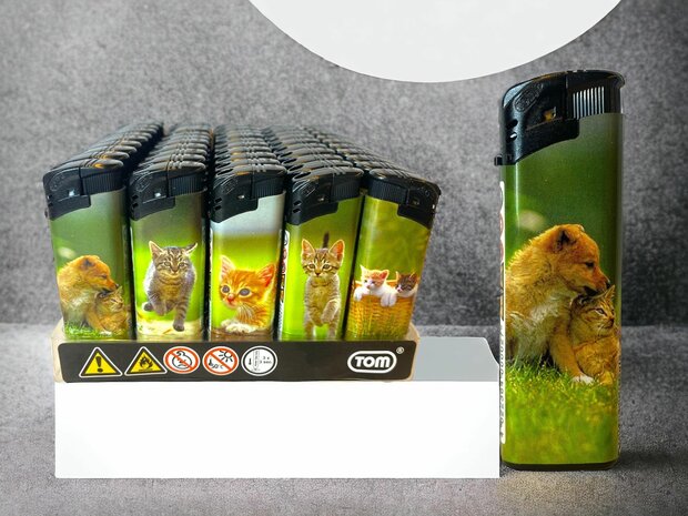 Lighters - 50 pieces in tray - cat print - refillable and click - Tom lighter