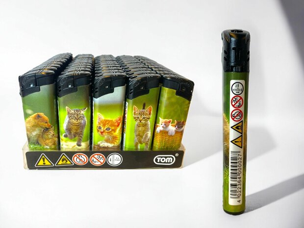 Aanstekers -  50 stuks in tray - kattenprint - navulbaar en klik - Tom lighter