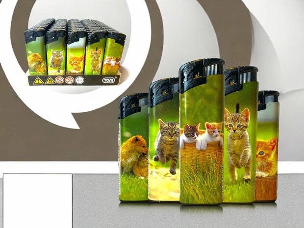 Aanstekers -  50 stuks in tray - kattenprint - navulbaar en klik - Tom lighter