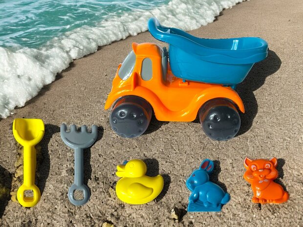 Strandspeelgoed  Zandset Kiepauto 23 CM - Auto 6 Delige Strand