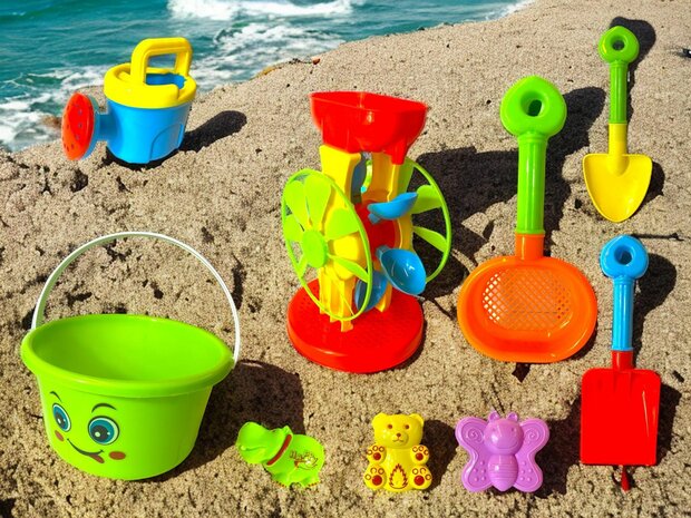 Beach Sand Play Toys Spades Hourglass Bucket Children Role Play 9 Pieces
