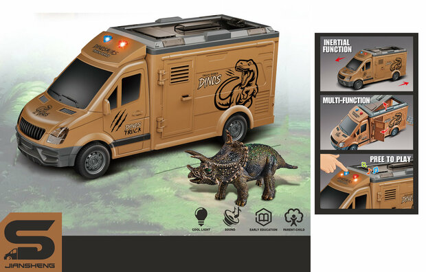 Dinosaur Truck - V&eacute;hicule de transport &agrave; friction - Lumi&egrave;re et son - avec figurine de dinosaure - camion