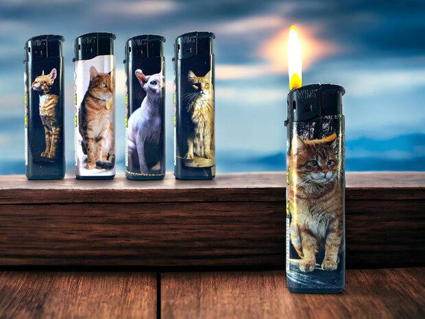 Lighters - 50 pieces in tray - cat print - refillable and click - Tom lighter