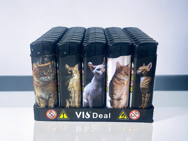 Lighters - 50 pieces in tray - cat print - refillable and click - Tom lighter