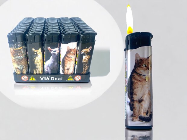 Lighters - 50 pieces in tray - cat print - refillable and click - Tom lighter